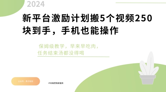 新平台激励计划搬5个视频250块到手，手机也能操作，保姆级教学-观智斋电商课程站