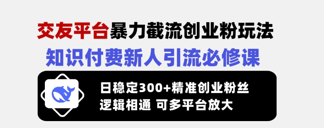 交友平台暴力截流创业粉玩法，知识付费新人引流必修课，日稳定300+精准创业粉丝，逻辑相通可多平台放大-观智斋电商课程站