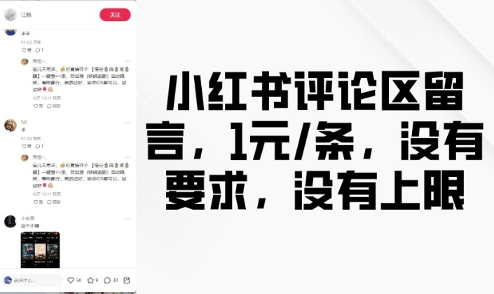 小红书评论区留言，1元条，没有要求，没有上限-观智斋电商课程站