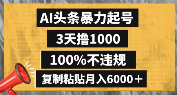 AI头条暴力起号，3天撸1000,100%不违规，复制粘贴月入6000＋【揭秘】-观智斋电商课程站
