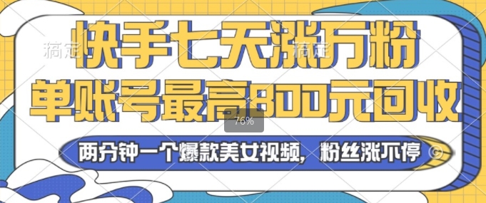 2024年快手七天涨万粉，但账号最高800元回收，两分钟一个爆款美女视频-观智斋电商课程站
